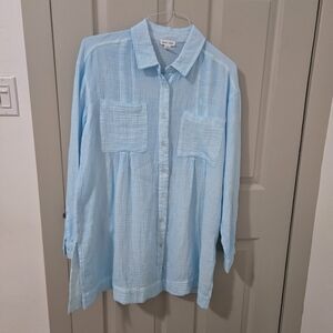 Tribal Jeans Women's Turquoise Seersucker Long Oversize Button Down